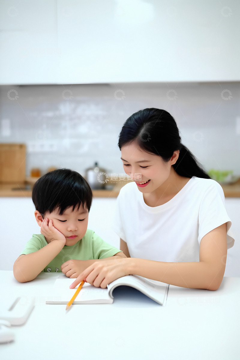 高清大图下载【趣麦麦图】温馨母陪儿写作业瞬间1