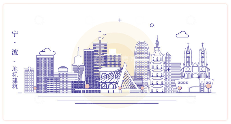 源文件下载【趣麦麦图】浙江宁波城市地标建筑线描