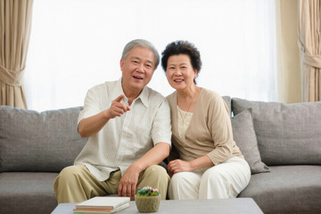 一对老年夫妻在室内沙发上的温馨场景老两口穿着休闲面带微笑姿态轻松自然2