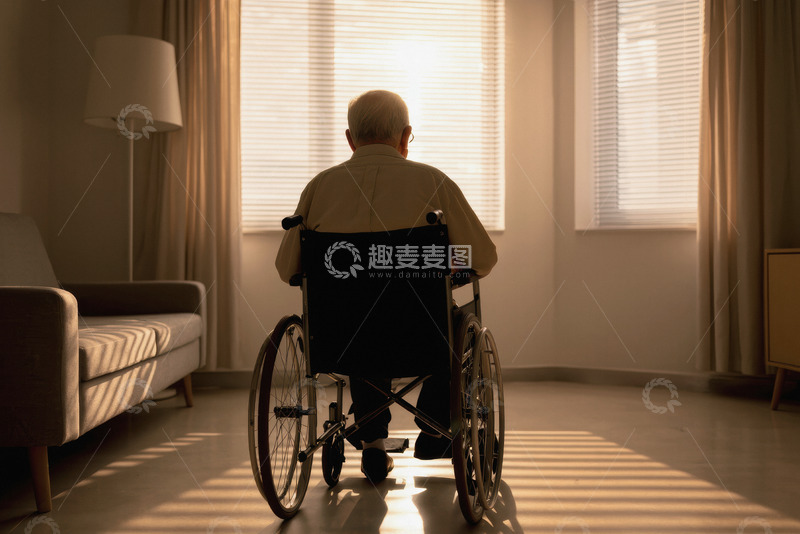 高清大图下载【趣麦麦图】-阳光透过窗户洒进来形成一道道光影画面给人一种孤独安静的感觉仿佛老爷爷在独自享受这片刻的宁静又似乎透着些许落寞1