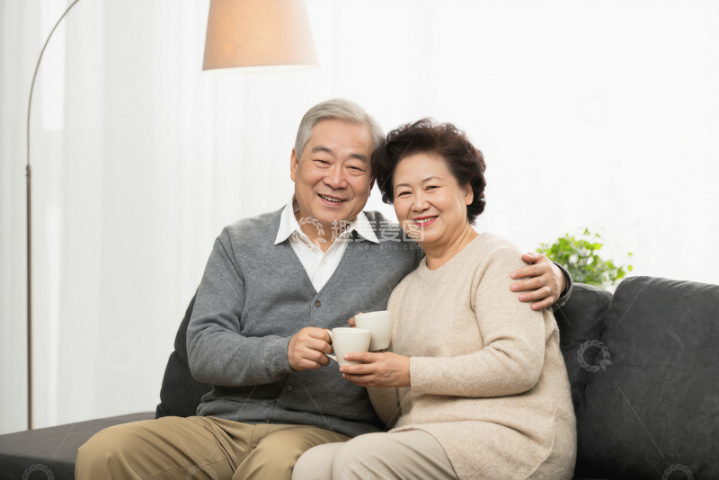 一对老年夫妻在室内沙发上的温馨场景老两口穿着休闲面带微笑姿态轻松自然