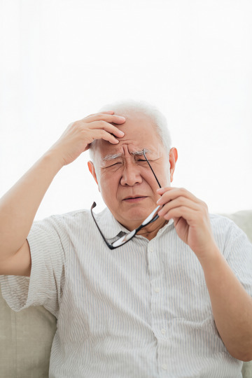 一位头发花白的老爷爷他穿着浅色的衣服坐在沙发上表情略显痛苦扶着额头似乎正被头痛困扰2