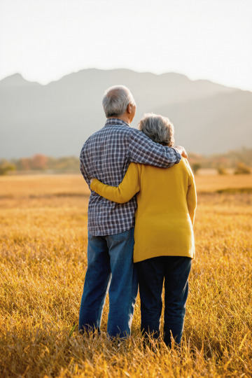 一对老年夫妻在金黄的麦田中相拥的温馨场景2