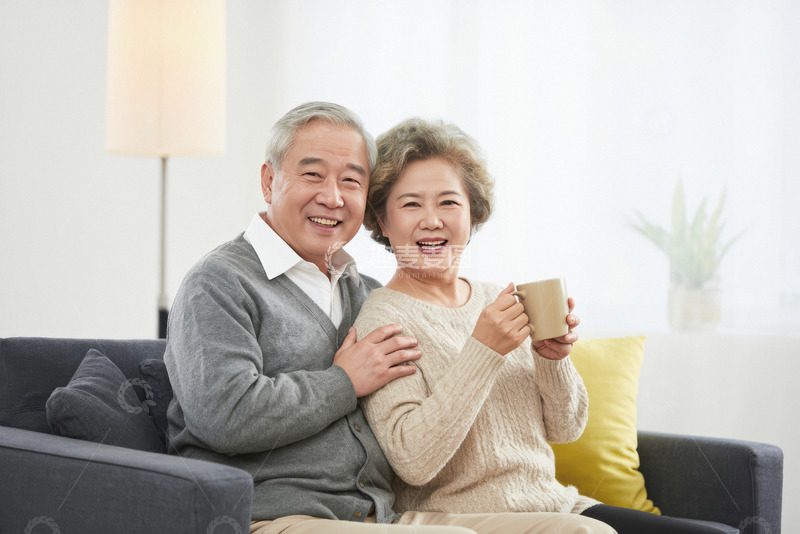 一对老年夫妻在室内沙发上的温馨场景老两口穿着休闲面带微笑姿态轻松自然1