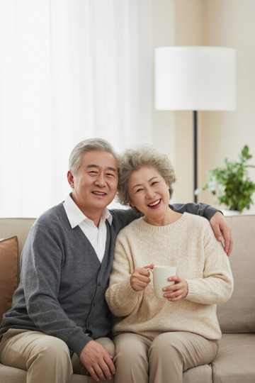 一对老年夫妻在室内沙发上的温馨场景老两口穿着休闲面带微笑姿态轻松自然4