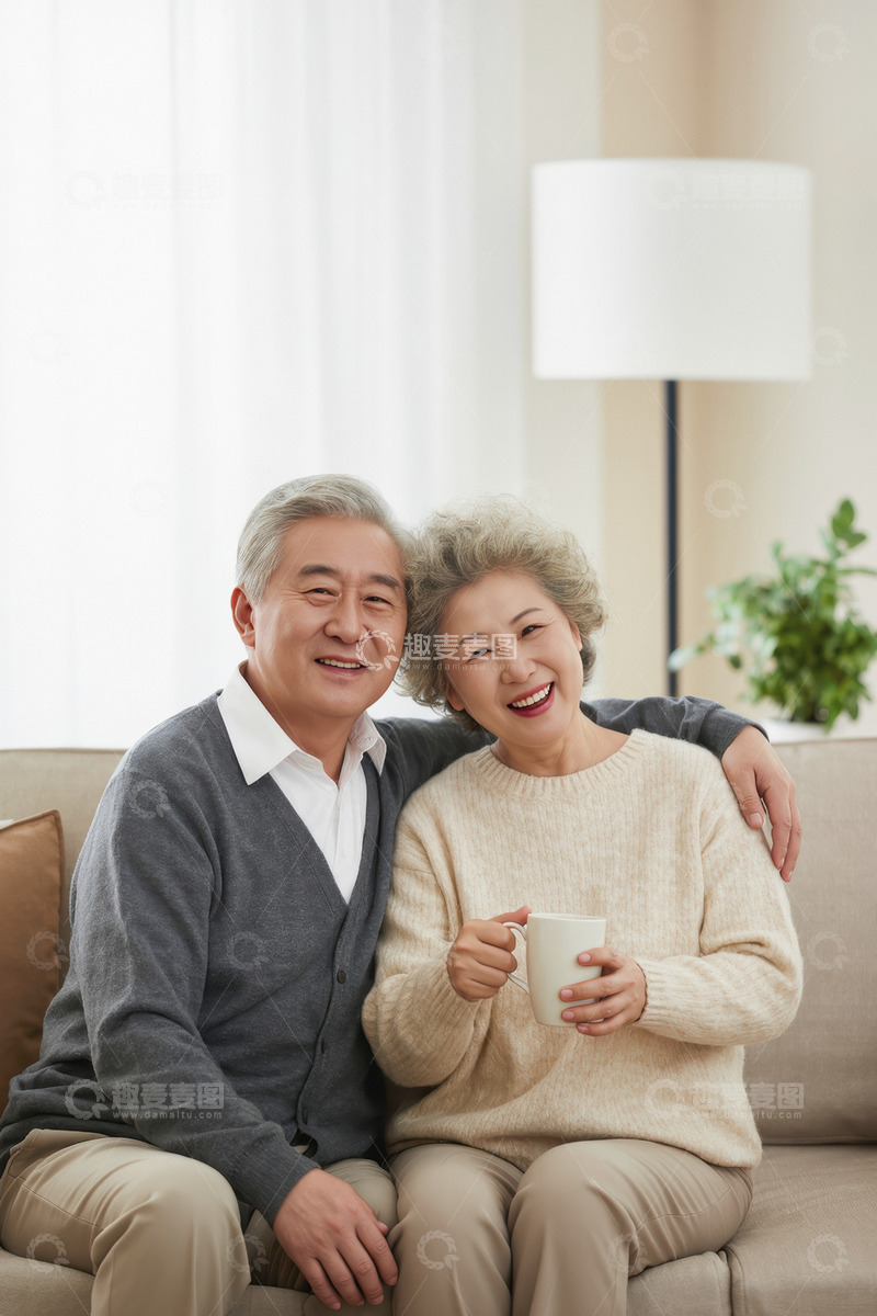一对老年夫妻在室内沙发上的温馨场景老两口穿着休闲面带微笑姿态轻松自然4