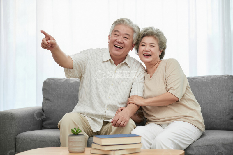 一对老年夫妻在室内沙发上的温馨场景老两口穿着休闲面带微笑姿态轻松自然3