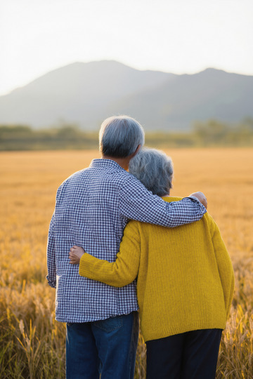 一对老年夫妻在金黄的麦田中相拥的温馨场景1