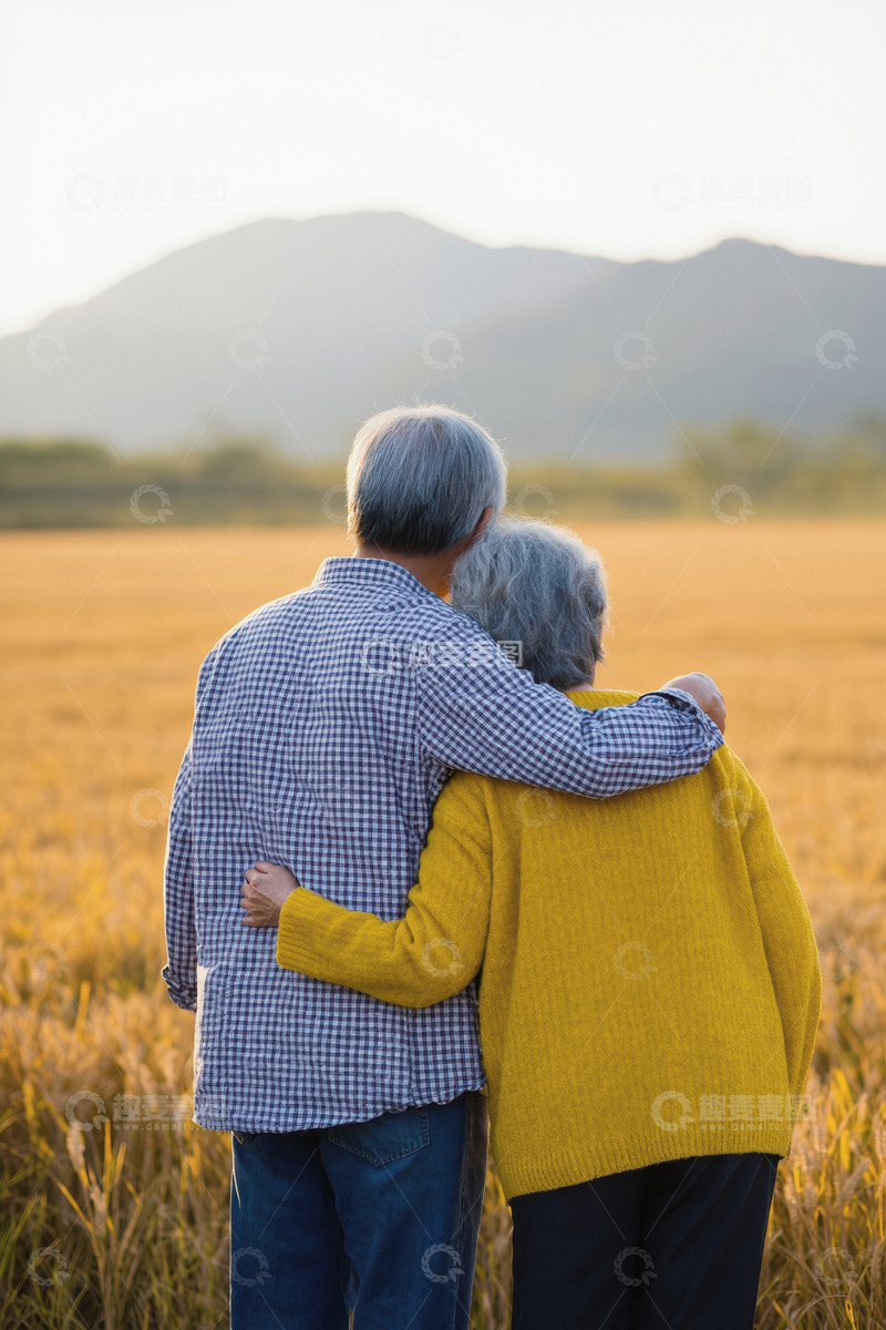 高清大图下载【趣麦麦图】一对老年夫妻在金黄的麦田中相拥的温馨场景1