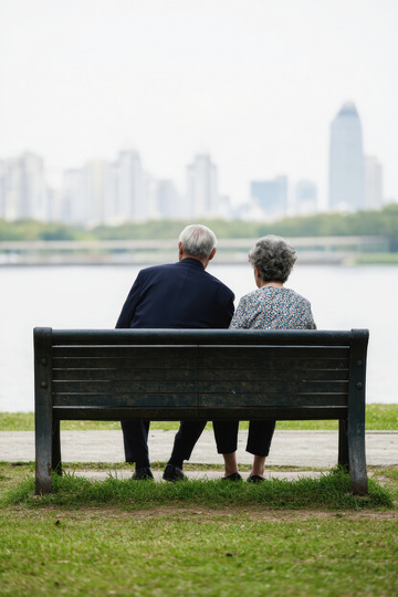 一对老年夫妻坐在公园长椅上的场景1
