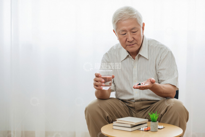 高清大图下载【趣麦麦图】一位头发花白的老爷爷他穿着浅色的衬衫坐在室内的椅子上手里拿着药片和水杯似乎正准备服药2
