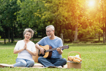 老年夫妻在户外公园的欢乐时光