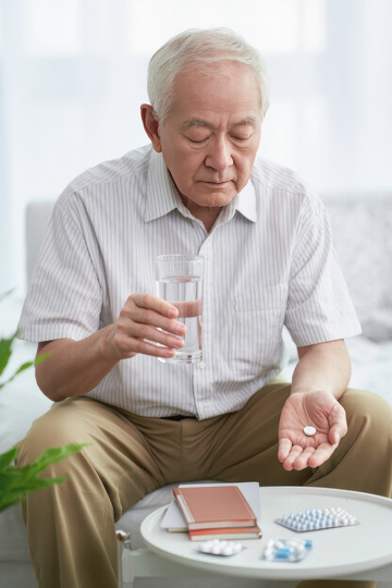 一位头发花白的老爷爷他穿着浅色的衬衫坐在室内的椅子上手里拿着药片和水杯似乎正准备服药