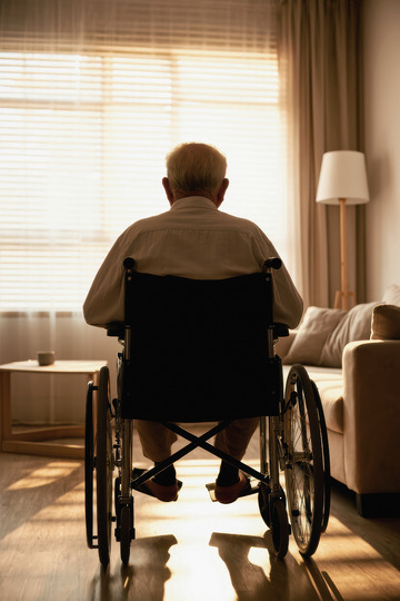 一位坐在轮椅上的老爷爷他背对着镜头面向窗户老爷爷穿着浅色的衣服房间里有沙发和落地灯等家具