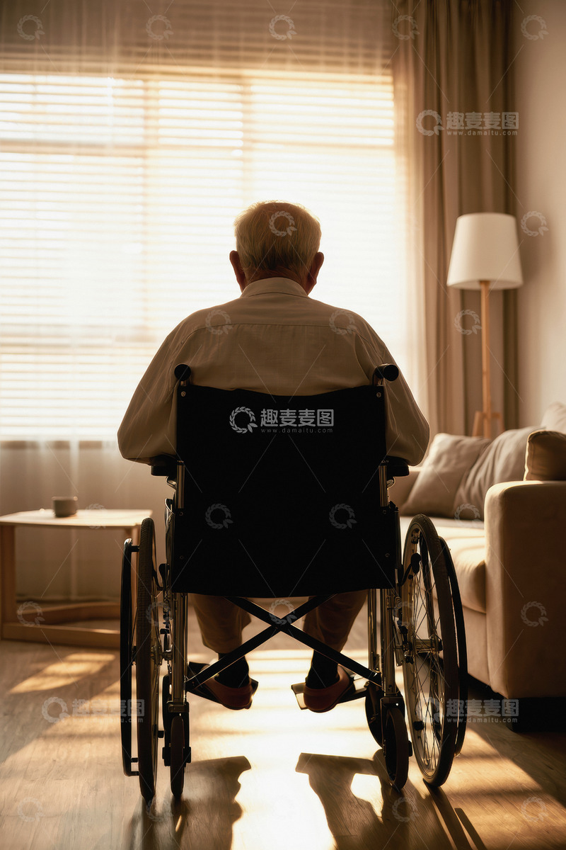 高清大图下载【趣麦麦图】-一位坐在轮椅上的老爷爷他背对着镜头面向窗户老爷爷穿着浅色的衣服房间里有沙发和落地灯等家具