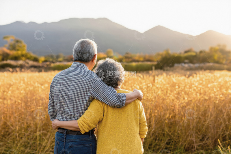 一对老年夫妻在金黄的麦田中相拥的温馨场景