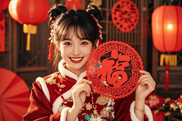 春节人物窗花摄影图2