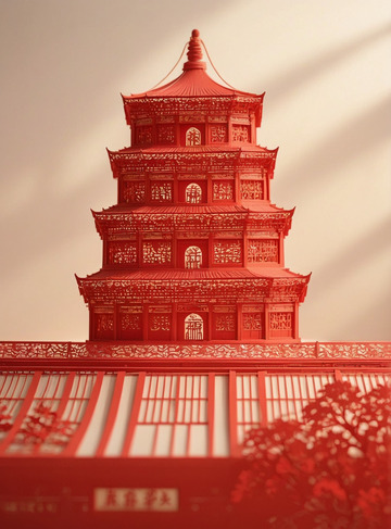 西安大雁塔地标建筑剪纸风