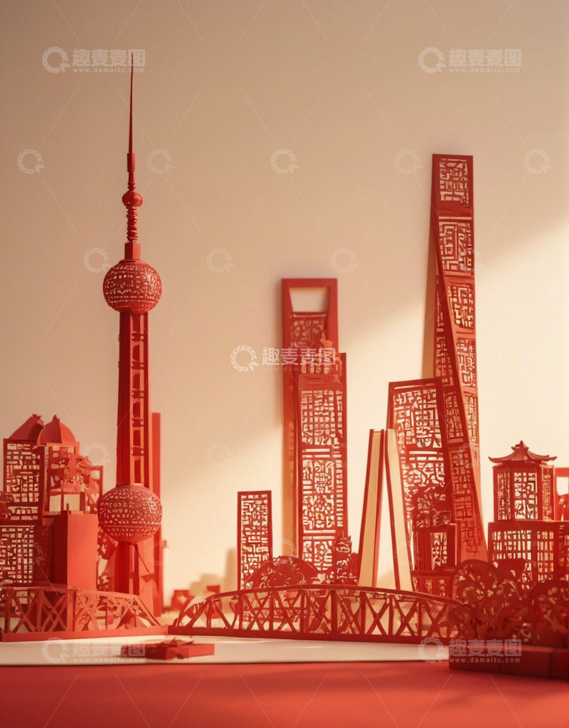 上海东方明珠标志建筑剪纸风