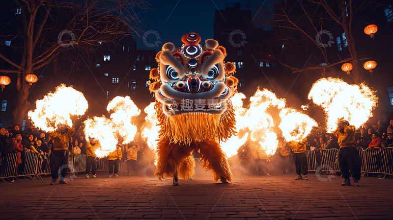 高清大图下载【趣麦麦图】 新春夜景醒狮舞狮