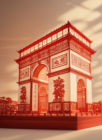 法国巴黎凯旋门建筑剪纸风