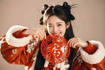 春节人物窗花摄影图1