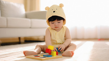 一个穿着黄色小熊造型衣服的婴儿专注地摆弄着一个木质玩具1