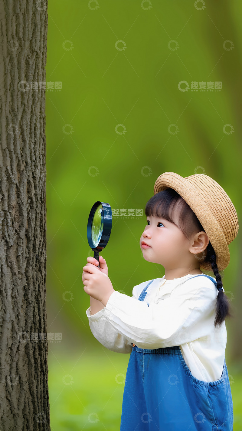 高清大图下载【趣麦麦图】-一个小孩戴着草帽，身穿白色上衣和蓝色背带裤，正拿着一个放大镜，专注地观察着一棵大树的树干，背景是绿意盎然的环境，充满童趣和探索氛围。