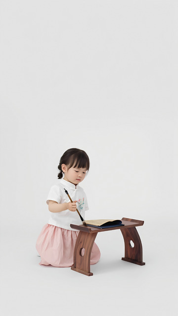 一个小女孩穿着白色带有花卉刺绣的中式上衣，搭配粉色裙子，跪坐在地上，面前放着一张古朴的木制矮桌。桌上有一本翻开的书，她右手握着一支毛笔，似乎正在专注地书写，神情认真可爱