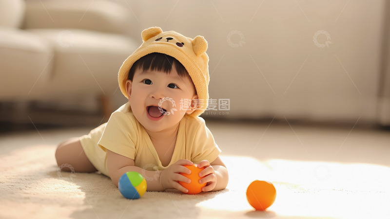 高清大图下载【趣麦麦图】一个戴着黄色小熊帽的婴儿，身穿黄色衣服，正开心地趴在铺有浅色地毯的地面上玩耍1