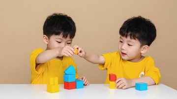 两个小男孩都穿着黄色上衣，坐在一张白色桌子前，一起玩彩色积木。他们面带笑容，看向彼此，气氛温馨愉快2
