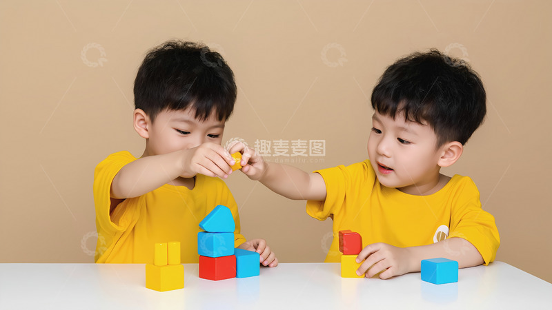 高清大图下载【趣麦麦图】两个小男孩都穿着黄色上衣，坐在一张白色桌子前，一起玩彩色积木。他们面带笑容，看向彼此，气氛温馨愉快2