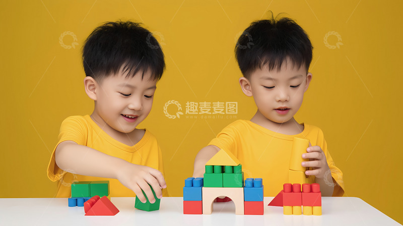 高清大图下载【趣麦麦图】两个小男孩都穿着黄色上衣，坐在一张白色桌子前，一起玩彩色积木。他们面带笑容，看向彼此，气氛温馨愉快