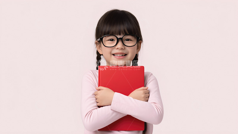 高清大图下载【趣麦麦图】一个小女孩扎着丸子头，戴着黑框眼镜，身穿粉色上衣，双手抱着一本红色的书，面带微笑看向镜头1