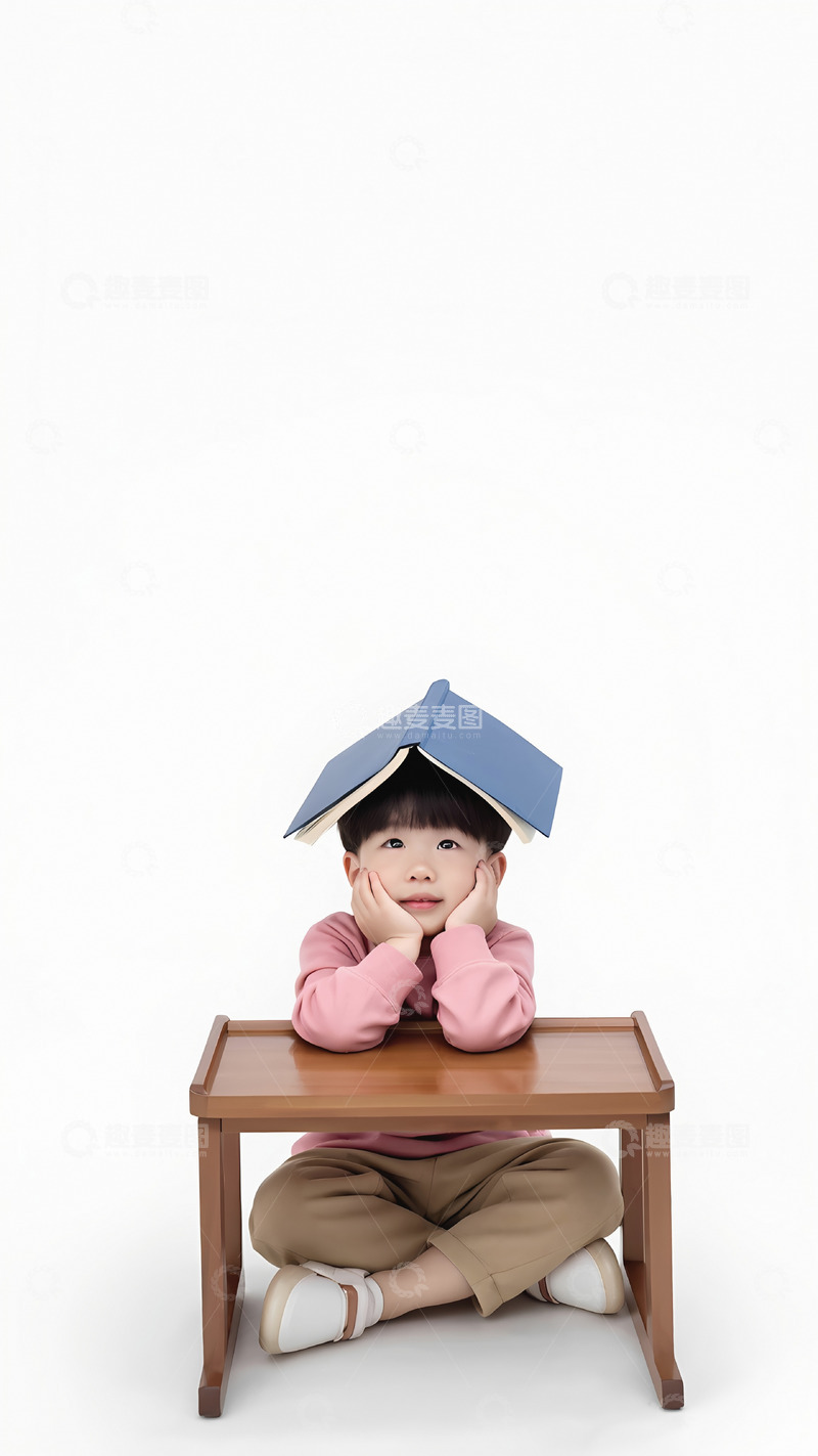 高清大图下载【趣麦麦图】一个小男孩坐在古朴的木桌前，双手托腮，脸上带着微笑，头上戴着一顶用蓝色书本折成的帽子，显得俏皮又可爱1