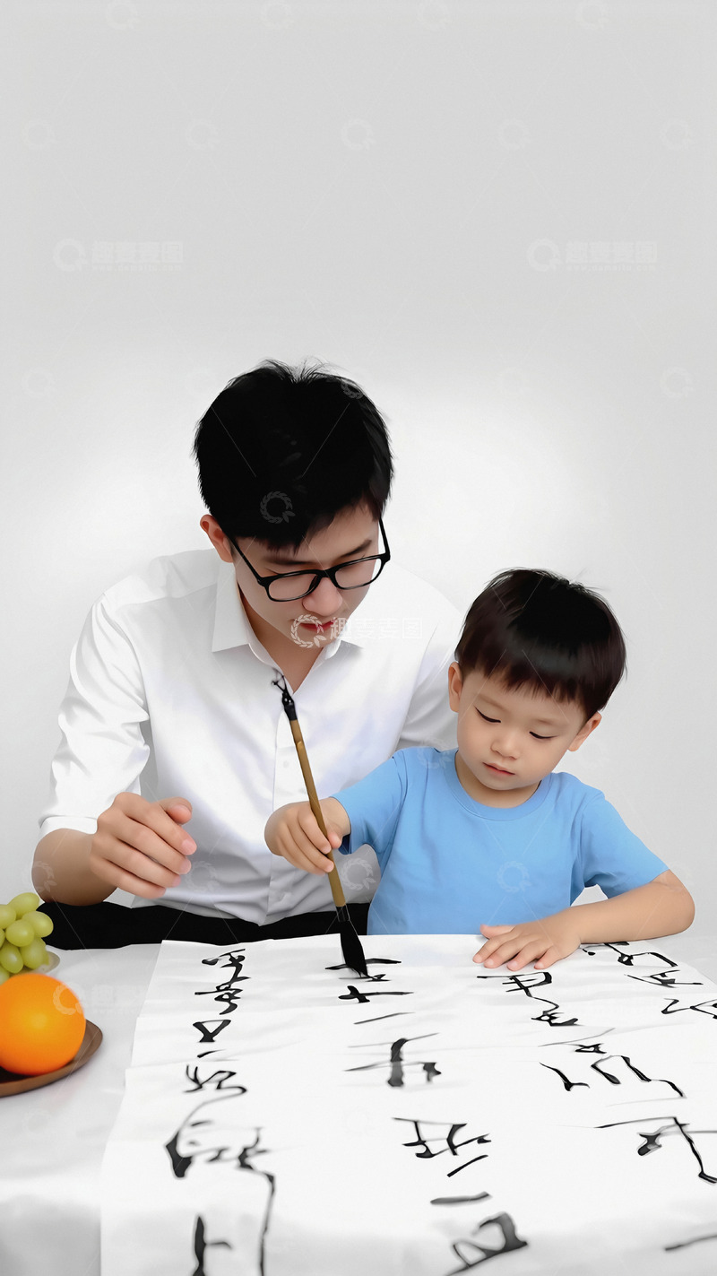 高清大图下载【趣麦麦图】一位成年男子和一个小男孩在一起，男子穿着白色上衣，手里拿着毛笔，正在教小男孩写毛笔字1
