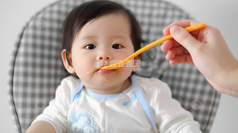 高清大图下载【趣麦麦图】一个婴儿坐在带有格子图案的椅子上，身穿白色带蓝色边的衣服，正张嘴接受一只手用橙色勺子喂食，婴儿嘴边沾有食物，显得天真可爱。