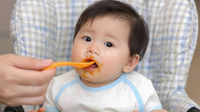高清大图下载【趣麦麦图】一个婴儿坐在带有格子图案的椅子上，身穿白色带蓝色边的衣服，正张嘴接受一只手用橙色勺子喂食，婴儿嘴边沾有食物，显得天真可爱。1