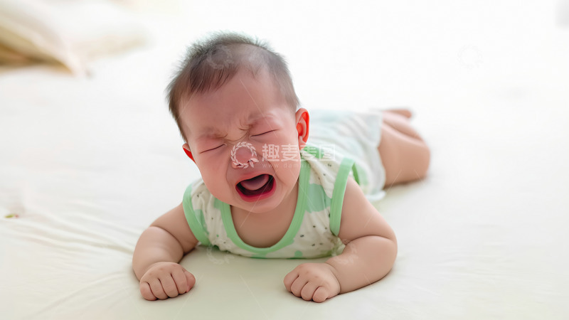高清大图下载【趣麦麦图】一个穿着绿白相间衣服的婴儿趴在浅色的平面上，眉头紧皱，双眼紧闭，嘴巴大张，正在哭泣，脸上露出委屈的神情。