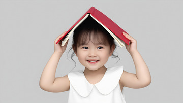 一个小女孩穿着白色衣服，双手举着一本红色的书，将其顶在头上，做出类似戴帽子的样子，脸上洋溢着灿烂的笑容