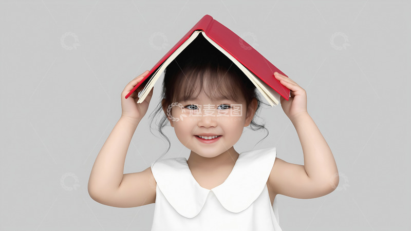 高清大图下载【趣麦麦图】一个小女孩穿着白色衣服，双手举着一本红色的书，将其顶在头上，做出类似戴帽子的样子，脸上洋溢着灿烂的笑容