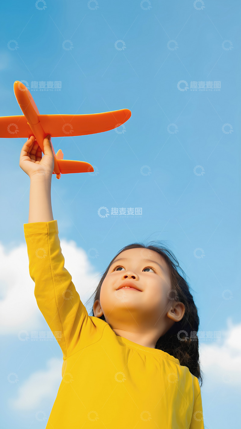 高清大图下载【趣麦麦图】-一个小女孩穿着黄色上衣，右手高高举起一架橙色的玩具飞机，仰头看向飞机，脸上带着笑容1