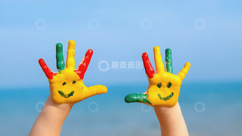 高清大图下载【趣麦麦图】绿色等鲜艳色彩。小手高高举起，背景是蓝天和模糊的绿地或水面，充满童趣与活力。