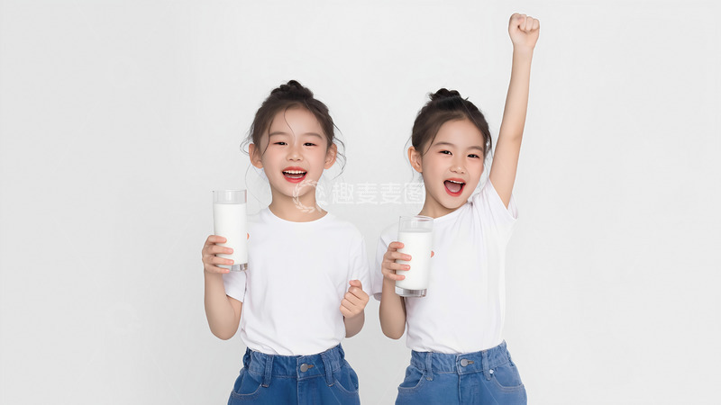 高清大图下载【趣麦麦图】-两个小女孩穿着白色上衣和蓝色牛仔裤，她们手中各自拿着一杯饮品，脸上洋溢着开心的笑容，其中一个小女孩高高举起一只手臂，显得十分兴奋。背景是纯白色的