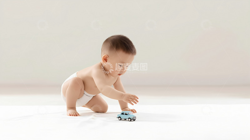 一个穿着白色尿布的婴儿，正趴在白色的平面上，专注地伸手去够前方的一辆小玩具车，婴儿的姿态显示出对玩具的好奇与兴趣，整个画面简洁干净。