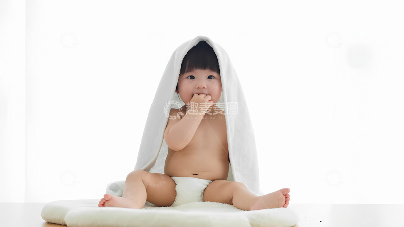高清大图下载【趣麦麦图】一个婴儿坐在白色的垫子上，身上裹着白色的毛巾，仅露出头部和小手，婴儿正将手指放进嘴里，眼神看向一侧，模样可爱，背景简洁干净