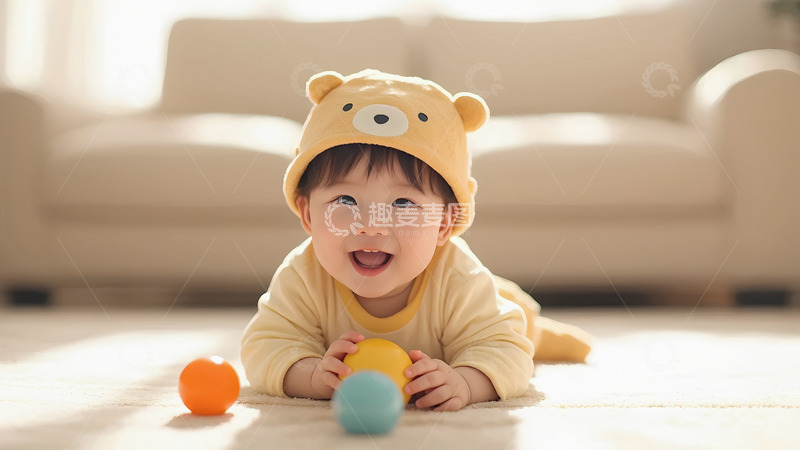 高清大图下载【趣麦麦图】-一个戴着黄色小熊帽的婴儿，身穿黄色衣服，正开心地趴在铺有浅色地毯的地面上玩耍