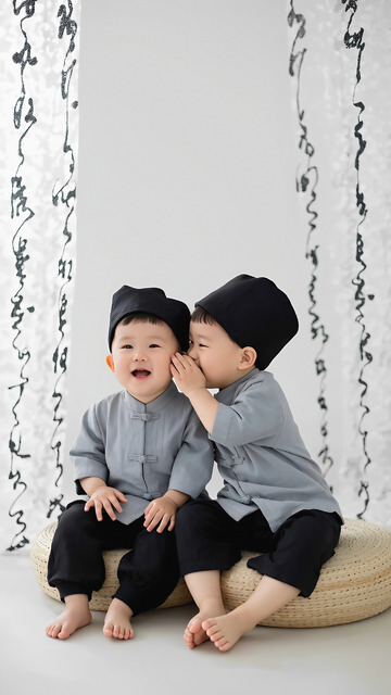两个小男孩穿着浅灰色中式传统服装，戴着黑色帽子，光着脚丫坐在一个编织的圆形垫子上