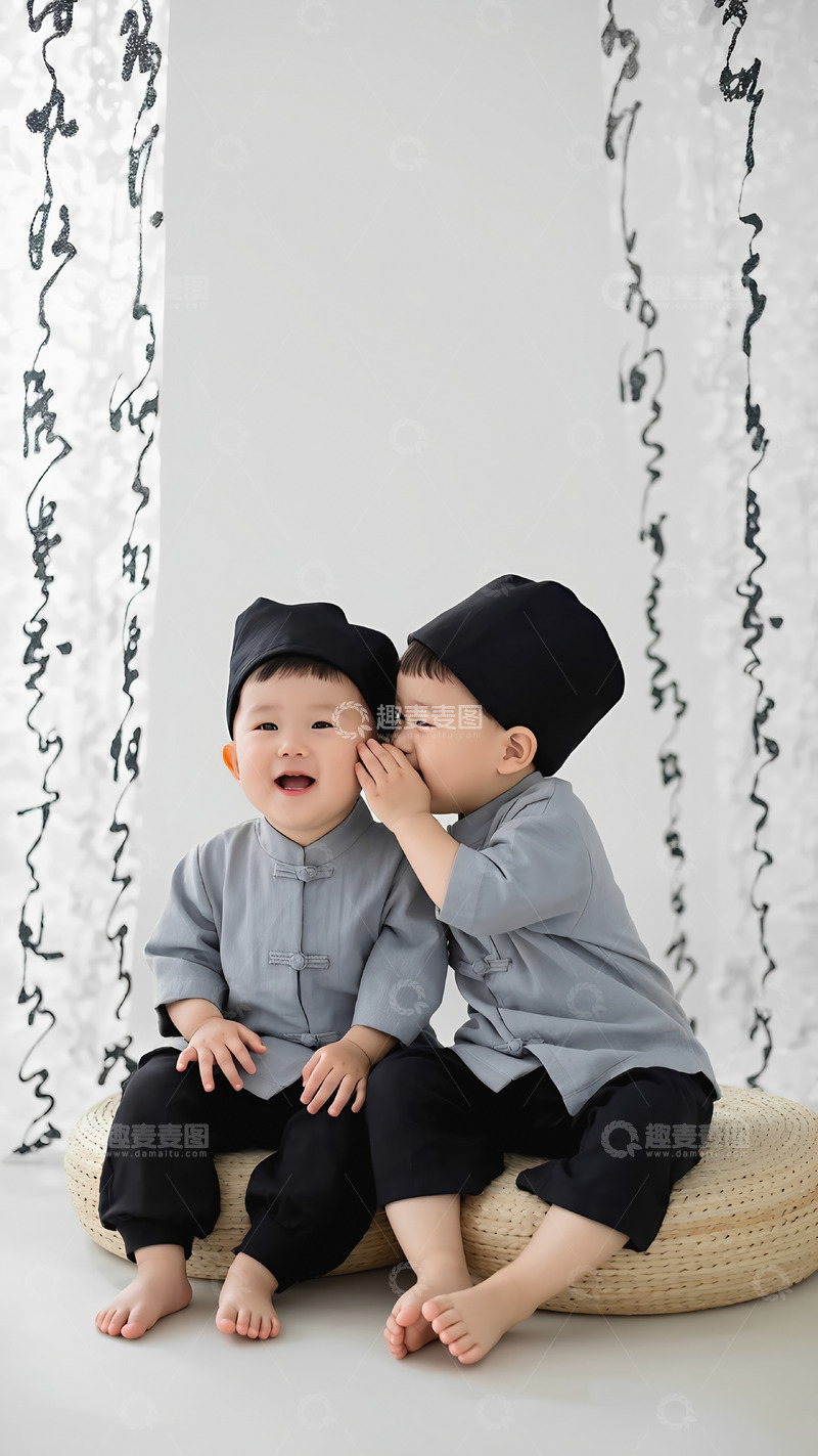 高清大图下载【趣麦麦图】两个小男孩穿着浅灰色中式传统服装，戴着黑色帽子，光着脚丫坐在一个编织的圆形垫子上