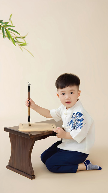 一个小男孩身着传统中式服装，跪坐在一张古朴的小桌子前，右手握着毛笔，左手扶着一本翻开的书，神情专注，背景有一抹绿植，营造出浓厚的传统文化氛围。